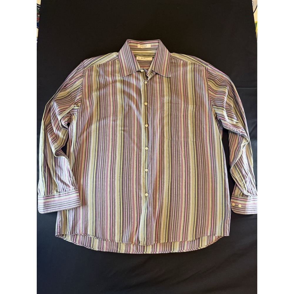 Alan Fluster Purple & Green Multi-Colored Men's Long Sleeve Button Up Shirt, L